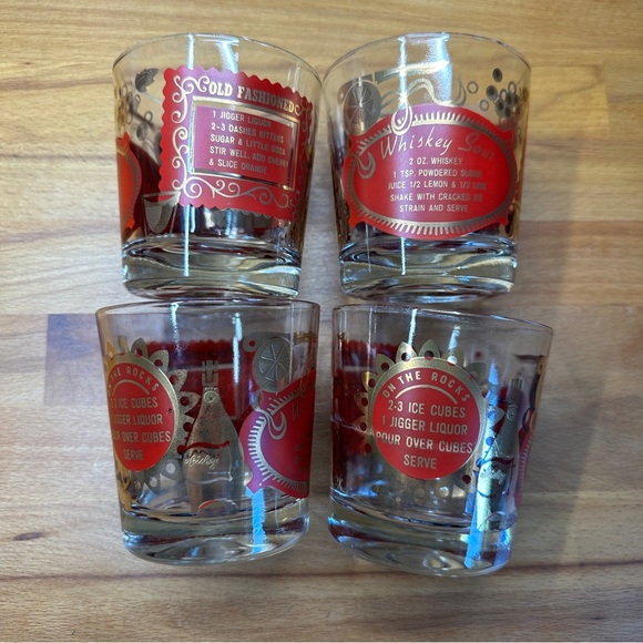 Vintage MCM Jeanette Glass 4 whiskey Cocktail Glasses Red & Gold Recipe Pattern